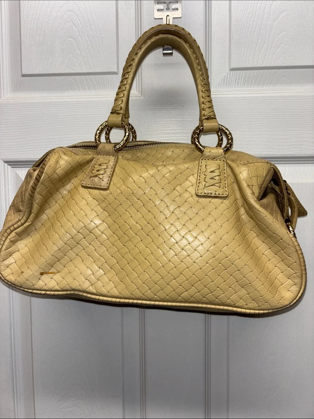 Antonio Melani Woven Style Leather Satchel Handbag - Cream-Gold Accents